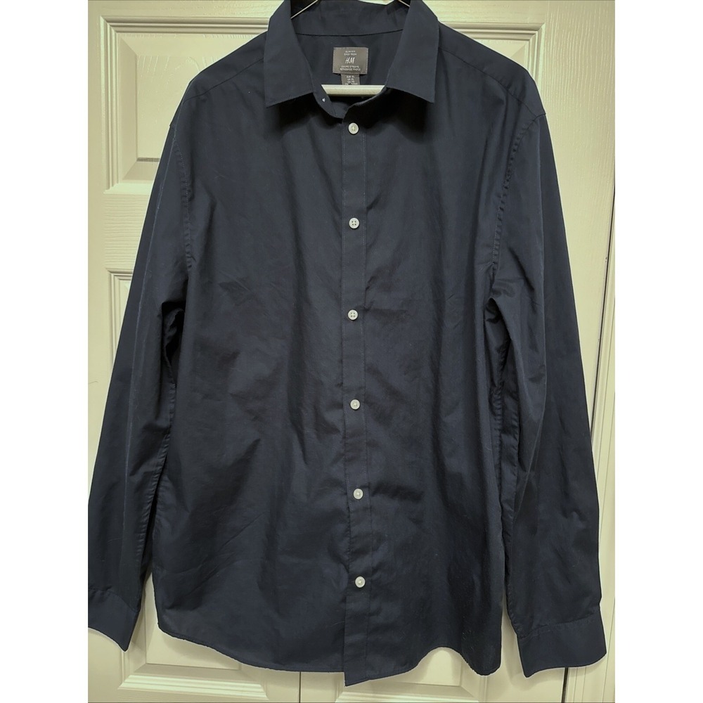 H & M Slimfit Men's Shirt Navy Blue Size XL Easy Iron  Button up long sleeve